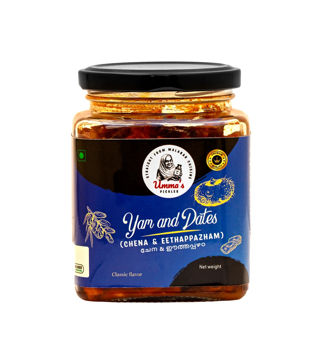 Jar of Yam and Dates spread with a blue label on a white background