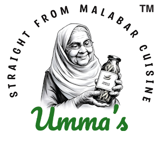 Logo of Umma's Foods from Malabar Cuisine featuring a woman holding a jar with text around her.