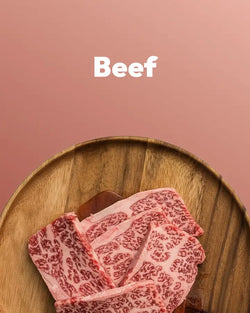 Raw beef slices on a wooden plate with 'Beef' text above on a pink background