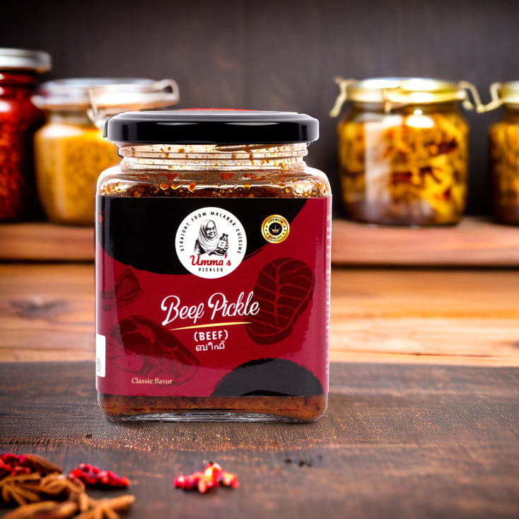 Jar of beef pickle with a brand logo on a wooden surface and shelves with more jars in the background.