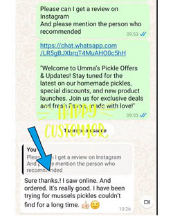 Text conversation on a smartphone screen with promotional message and customer response.