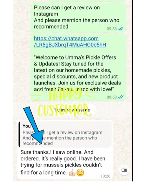 Text conversation on a smartphone screen with promotional message and customer response.