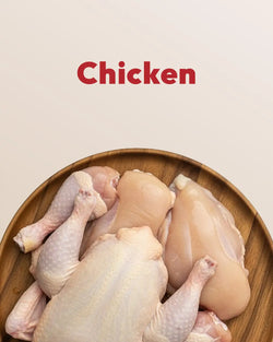 Raw chicken pieces on a wooden plate with 'Chicken' text above.