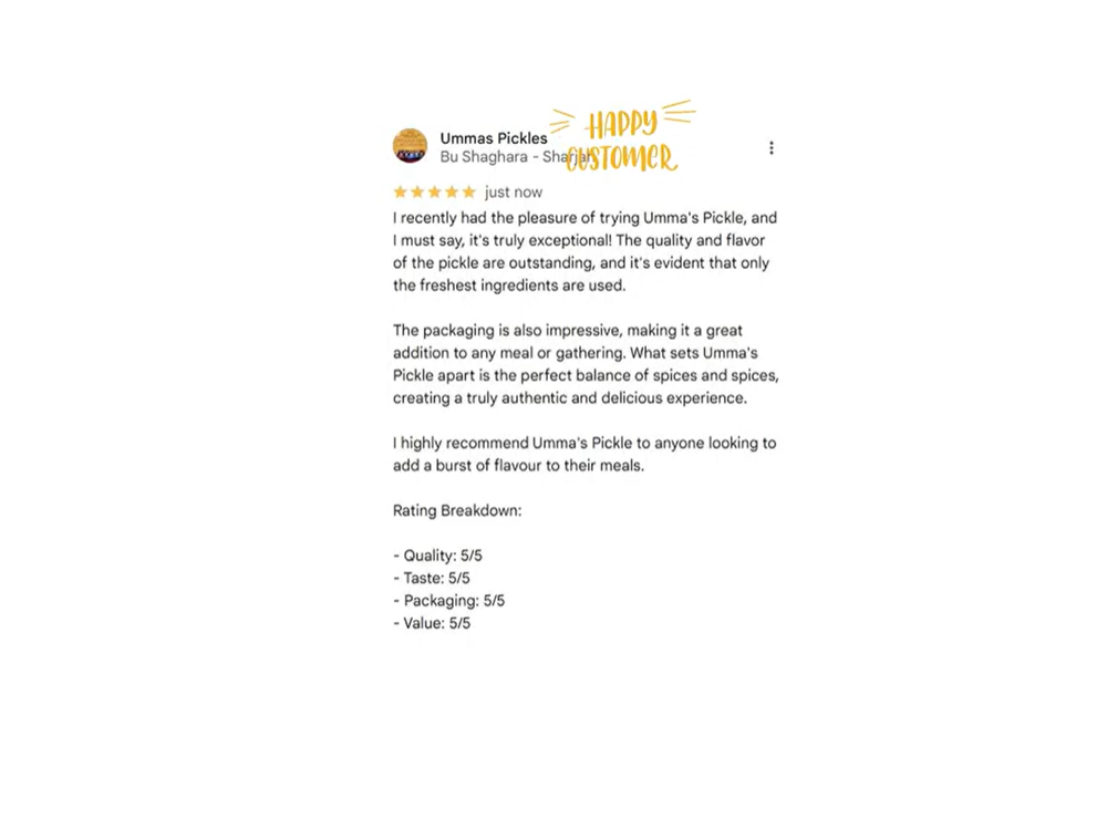 Five-star review of Ummas Pickles on a white background