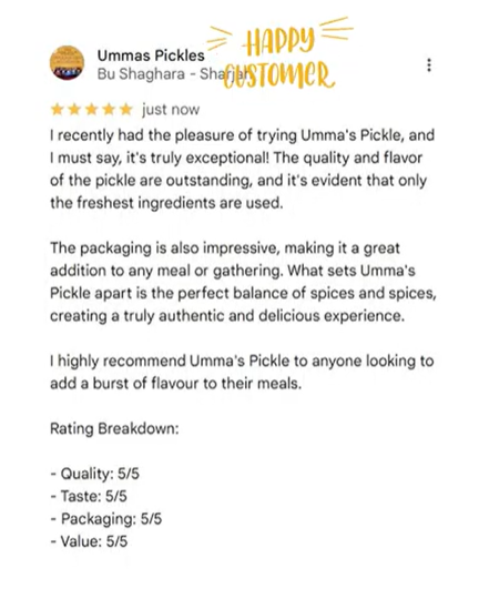 Five-star review of Ummas Pickles on a white background
