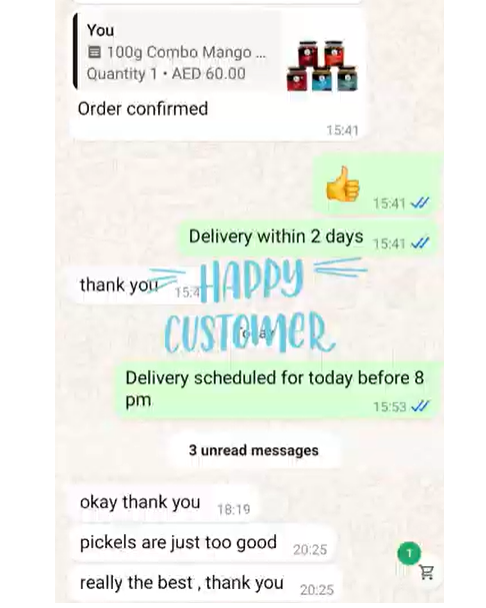 Phone screen showing a shopping app with a confirmation message and customer feedback.