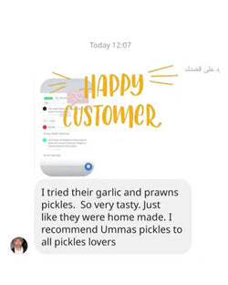 Happy customer review for garlic and prawns pickles on a white background