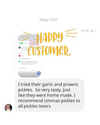 Happy customer review for garlic and prawns pickles on a white background