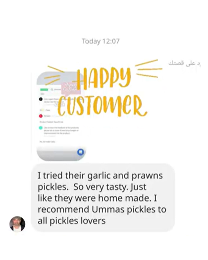 Happy customer review for garlic and prawns pickles on a white background
