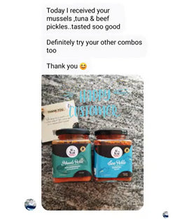 Two jars of pickles on a stone surface with a text overlay about product quality.