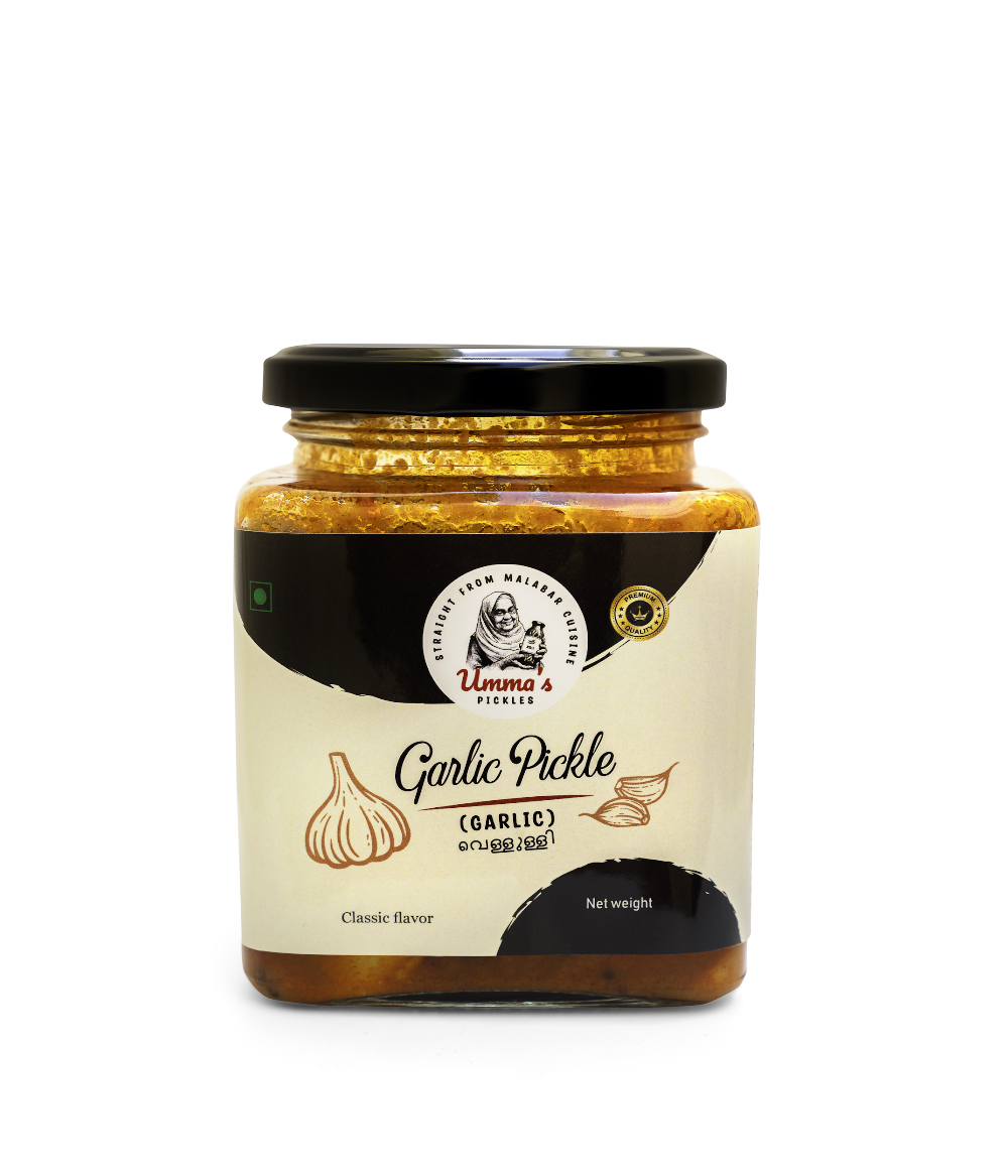 Jar of garlic pickle with a visible label on a white background