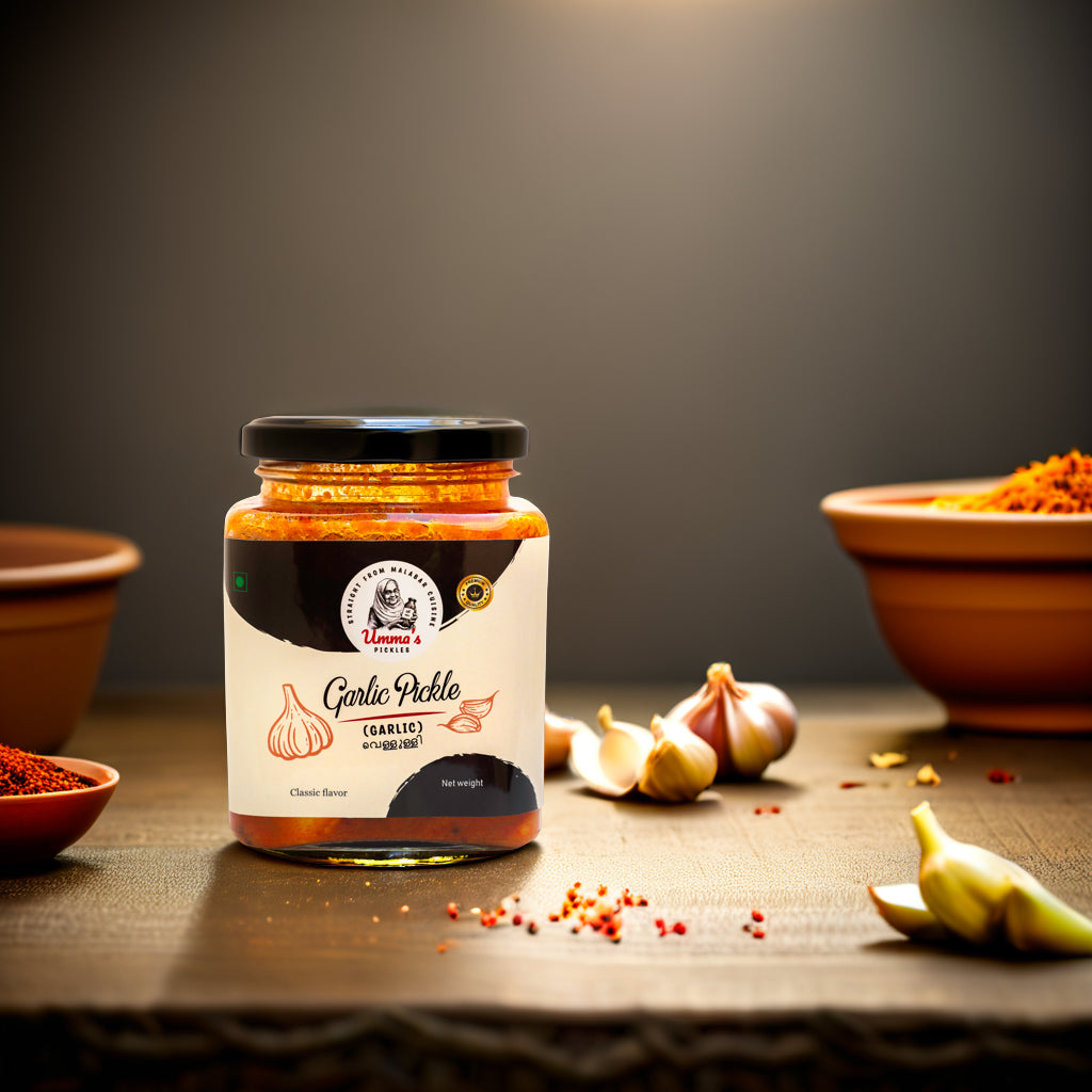 Jar of Garlic Pickle on a wooden table with garlic bulbs and spices.