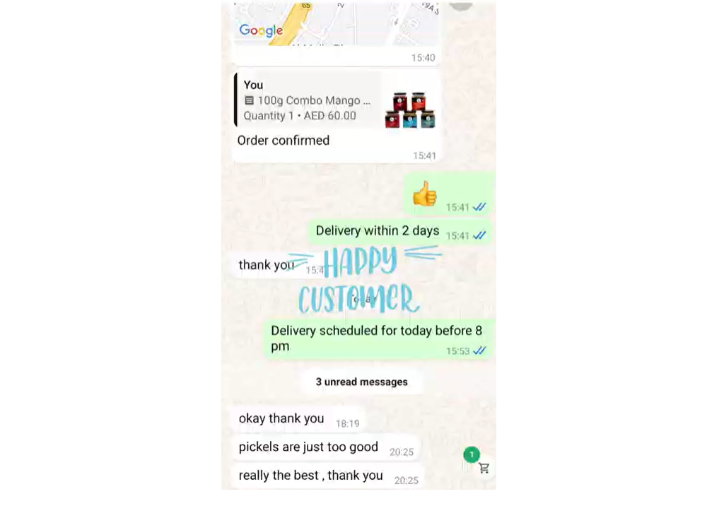 Phone screen showing a shopping app with a confirmation message and customer feedback.