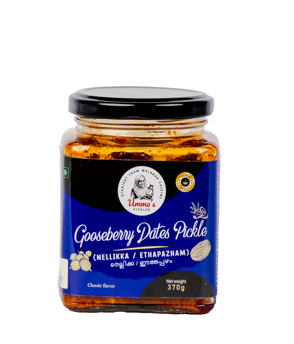Jar of gooseberry dates pickle with blue label on a white background