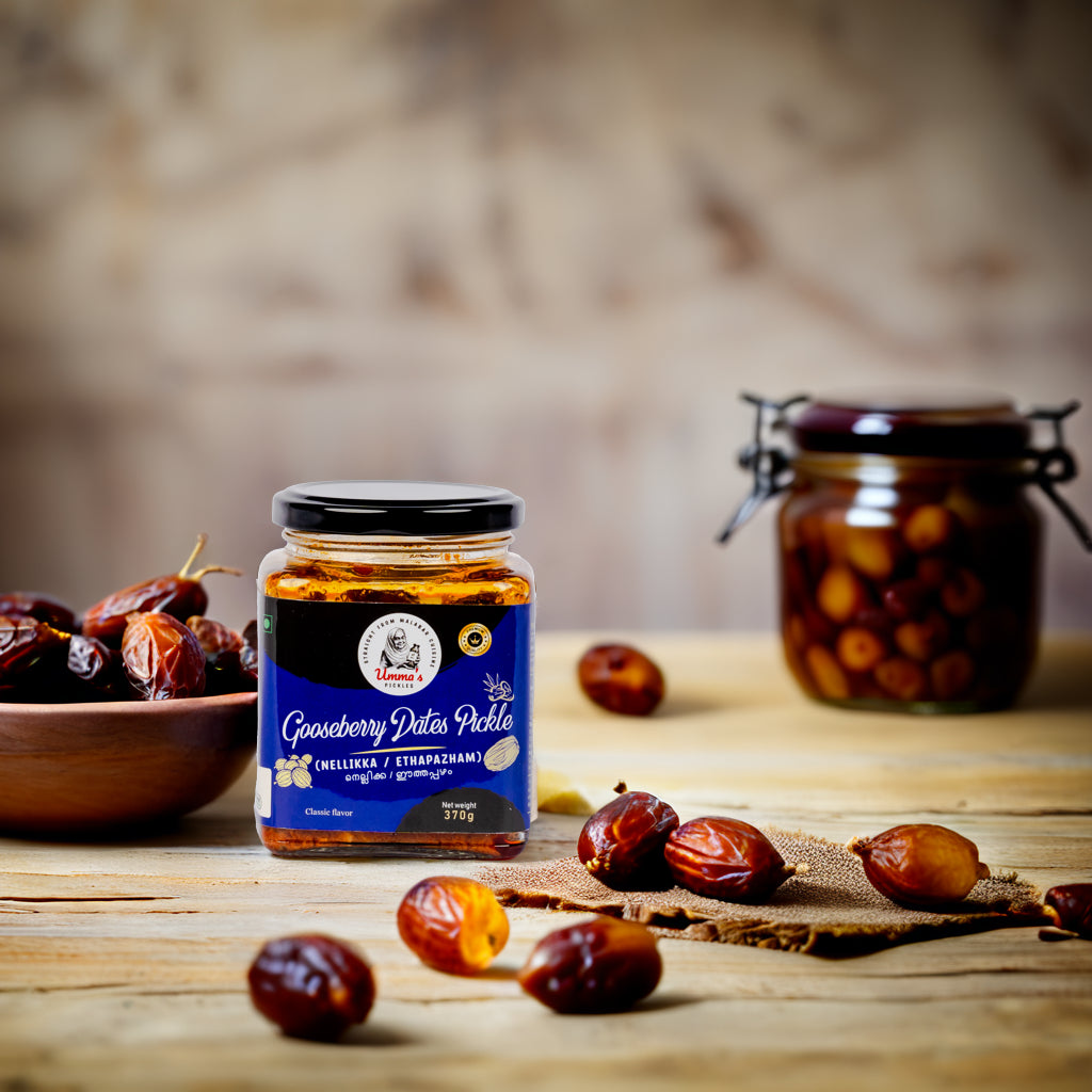 Jar of Gooseberry Dates Pickle with dates on a wooden surface