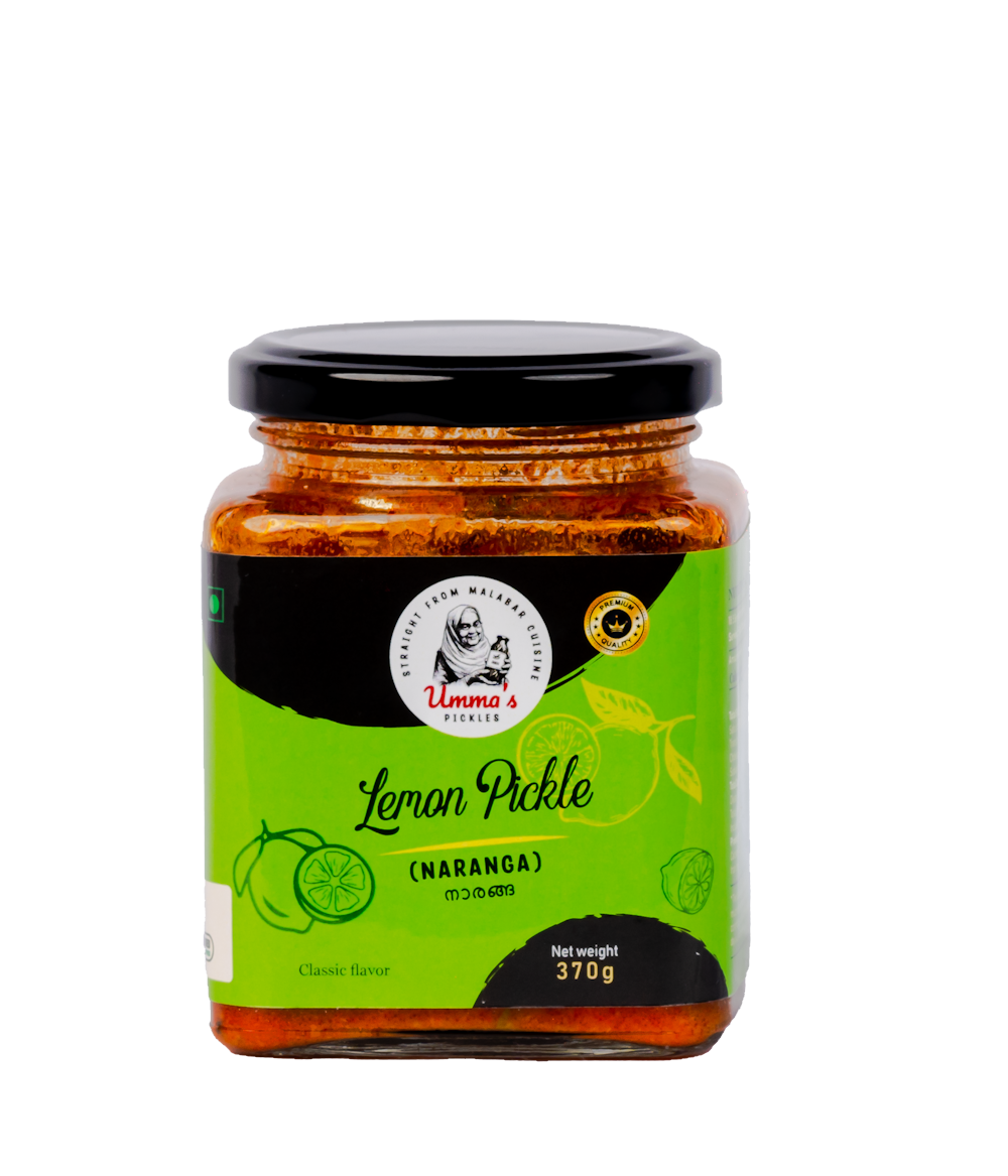 Jar of lemon pickle with green label and black lid on a white background