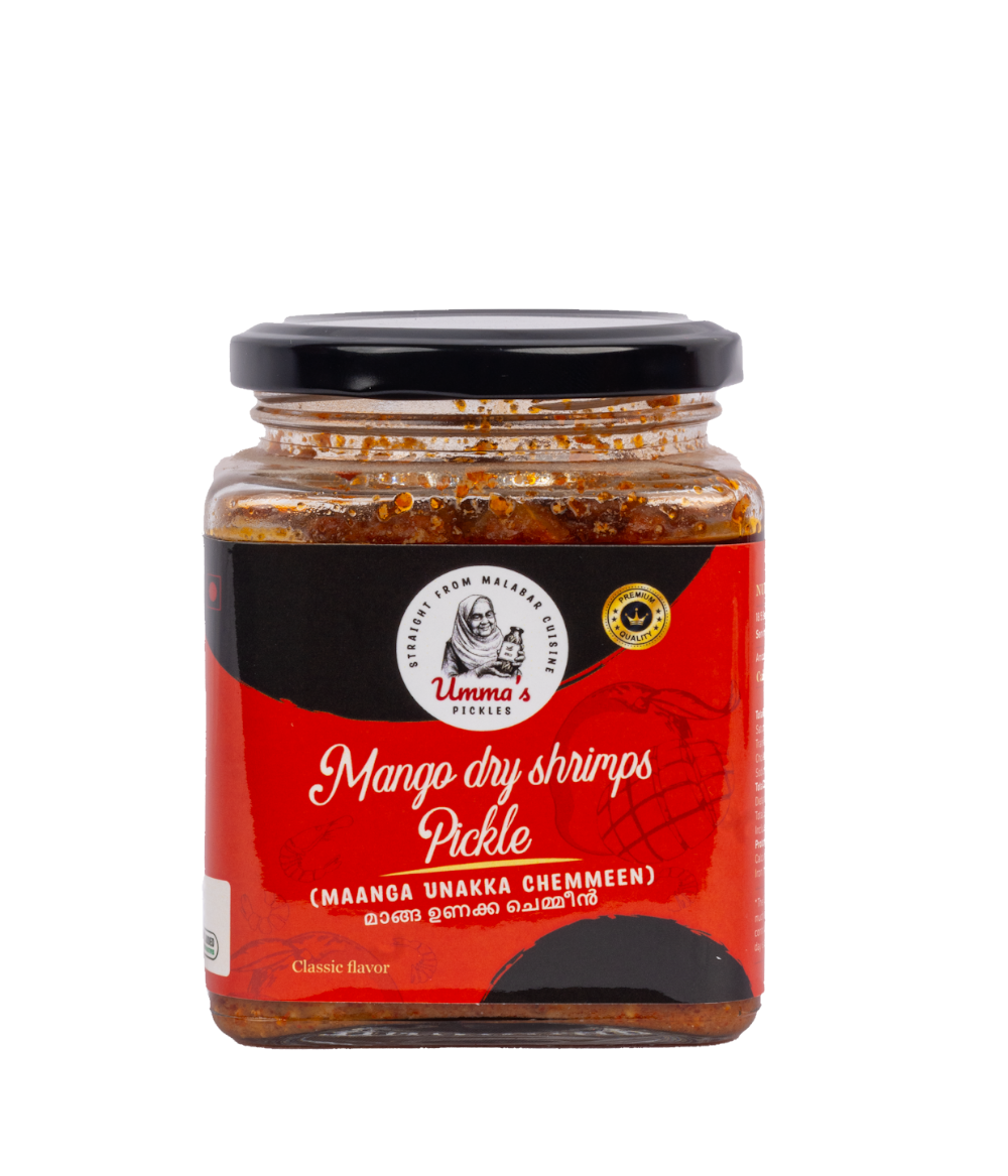 Jar of mango dry shrimps pickle with a red label on a white background