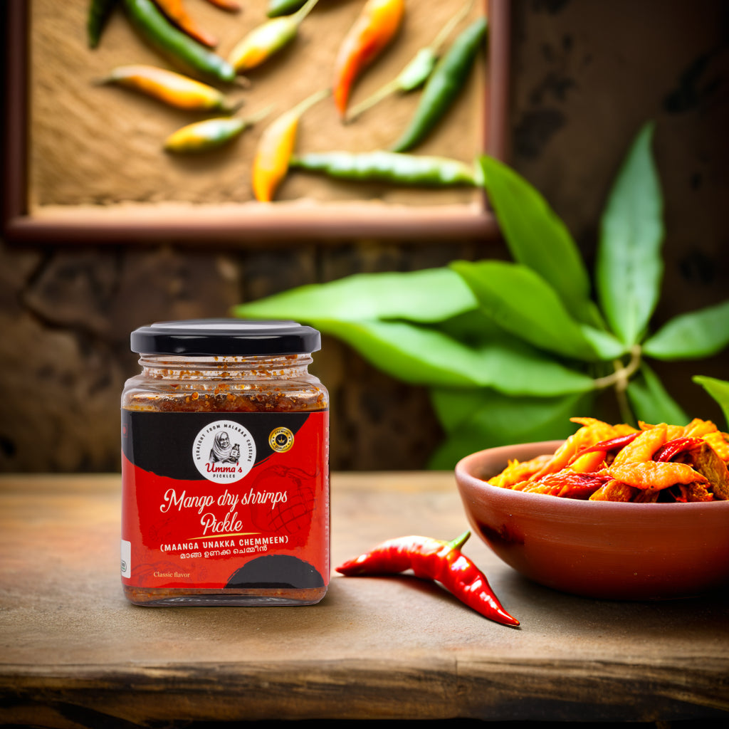 Jar of mango dry shrimps poka on a wooden surface with peppers and a plant in the background