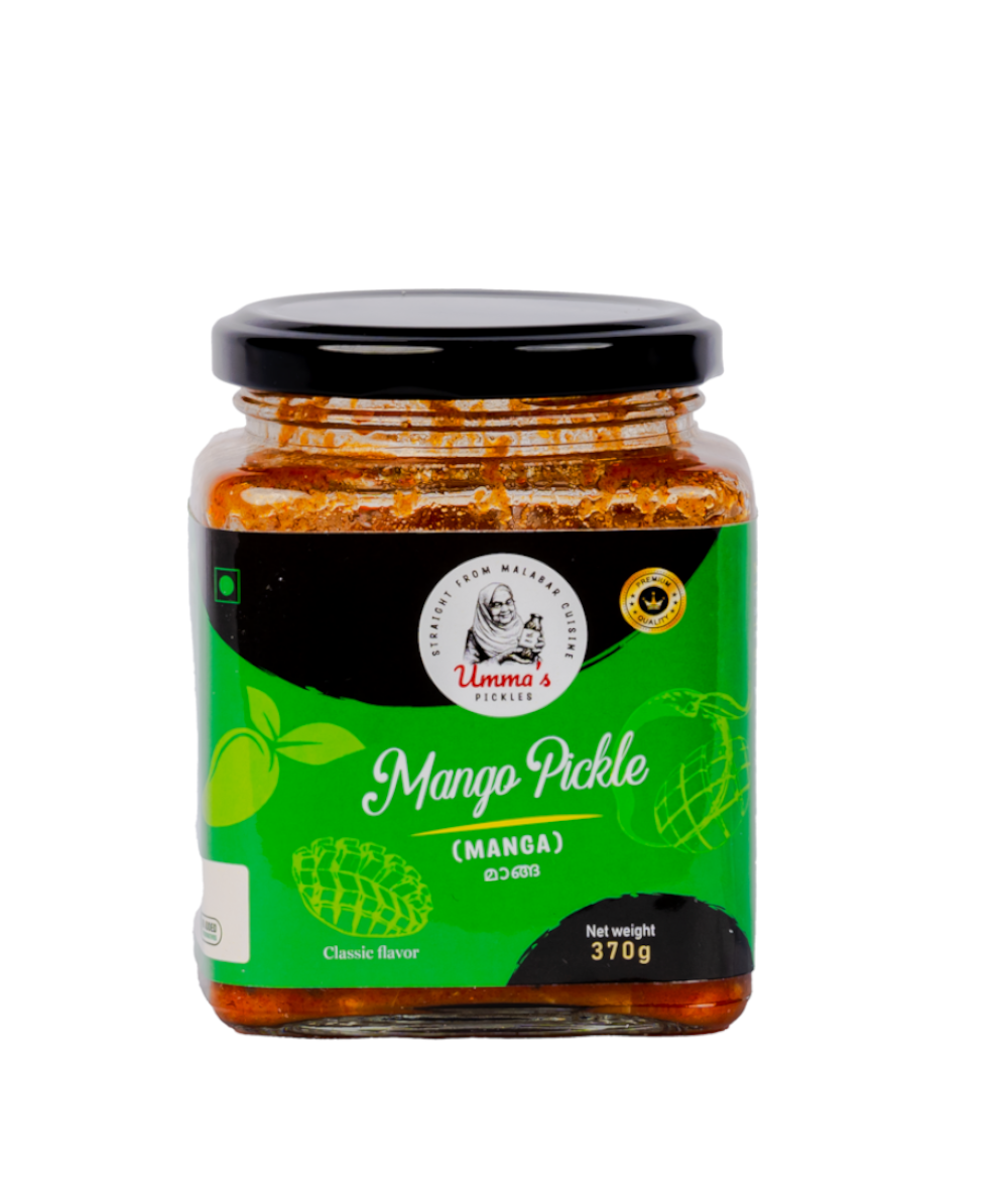 Jar of mango pickle with a green label on a white background