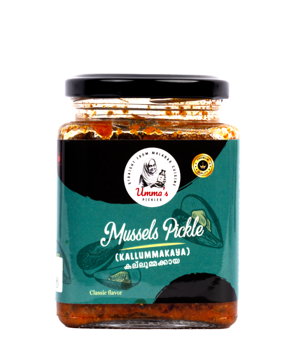 Jar of mussels pickle with a black lid on a white background