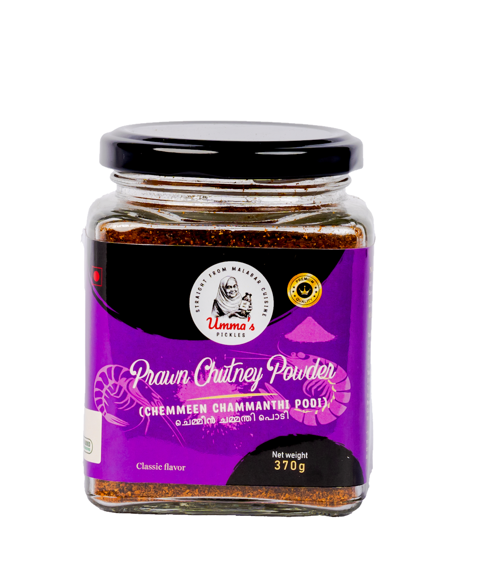 Jar of prawn chutney powder with a purple label on a white background