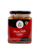 Jar of prawns pickle with red label and black lid on white background