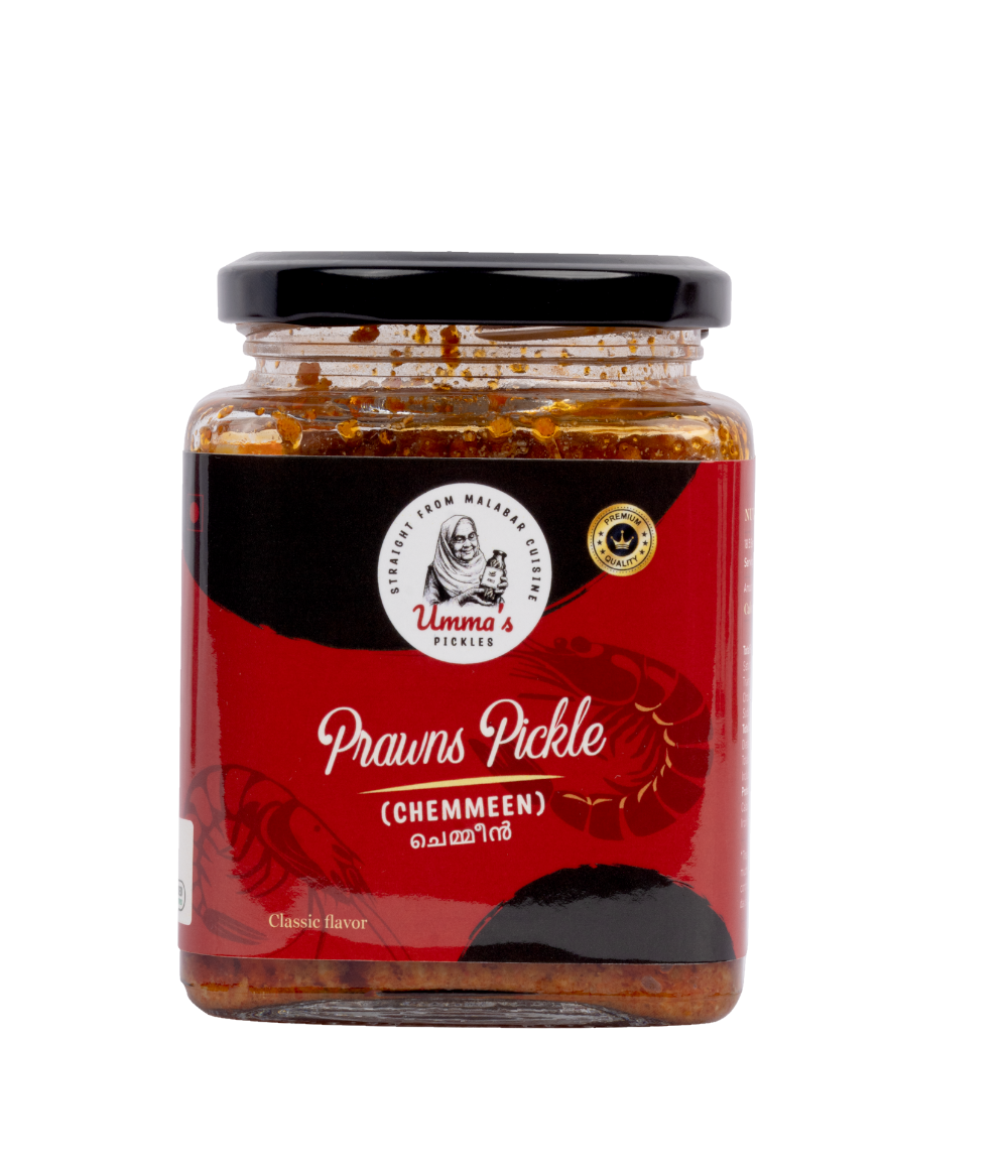 Jar of prawns pickle with red label and black lid on white background