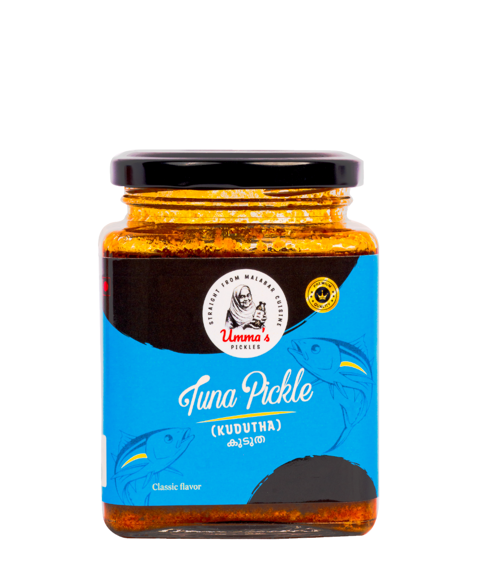 Jar of tuna pickle with blue label on a white background