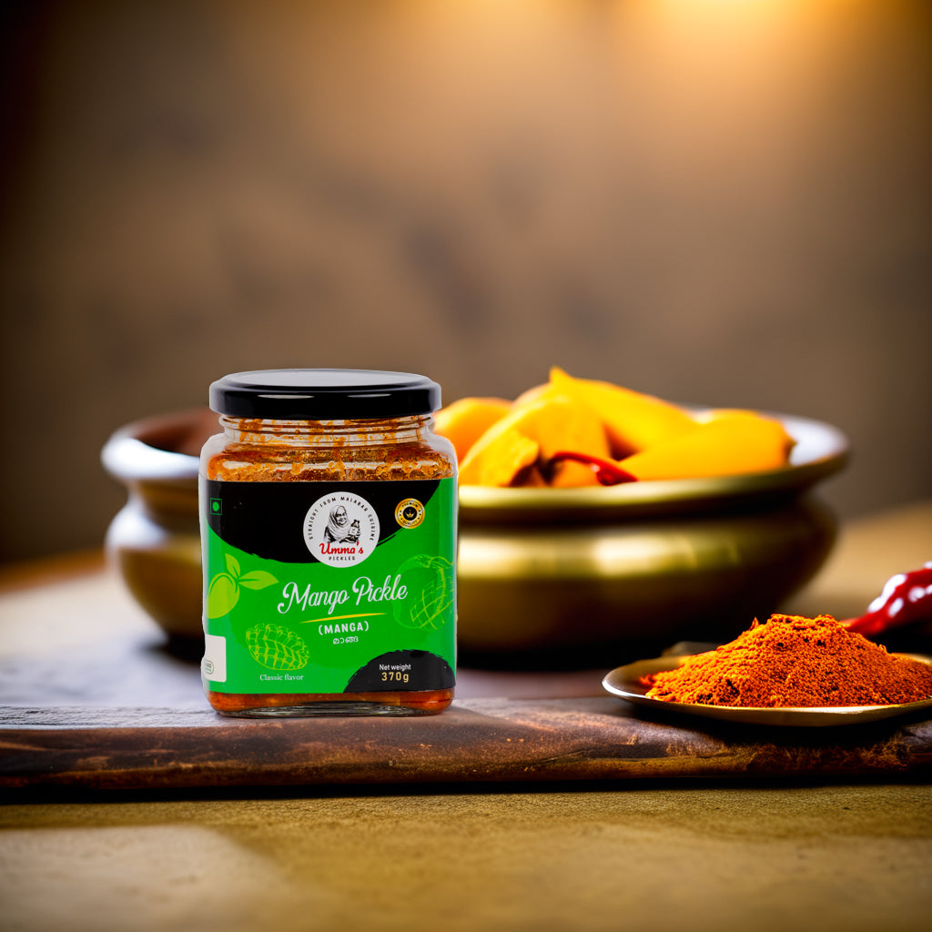Jar of mango pickle with a bowl of pickles and spices on a wooden surface.
