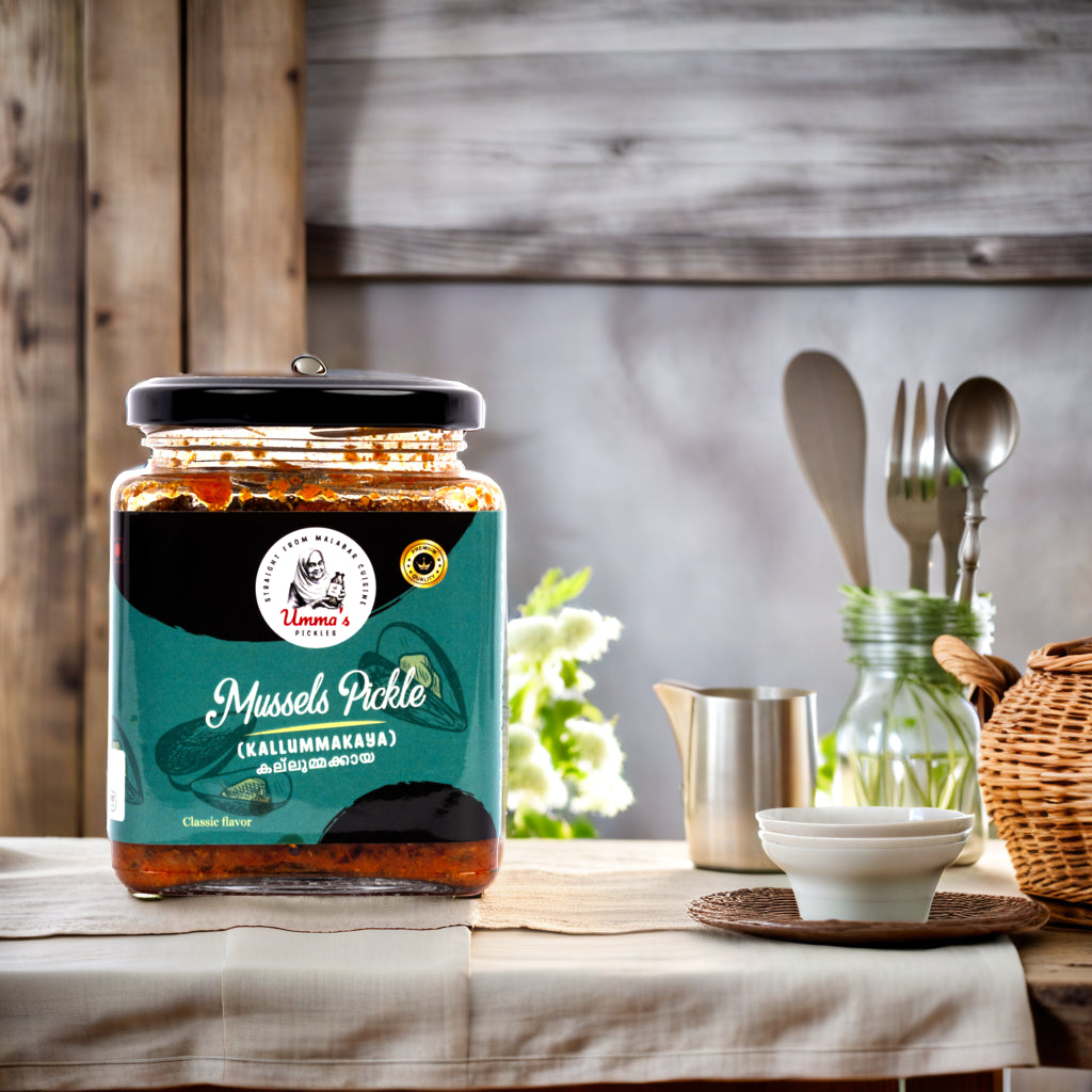 Jar of mussels pickle on a table with utensils and flowers in the background