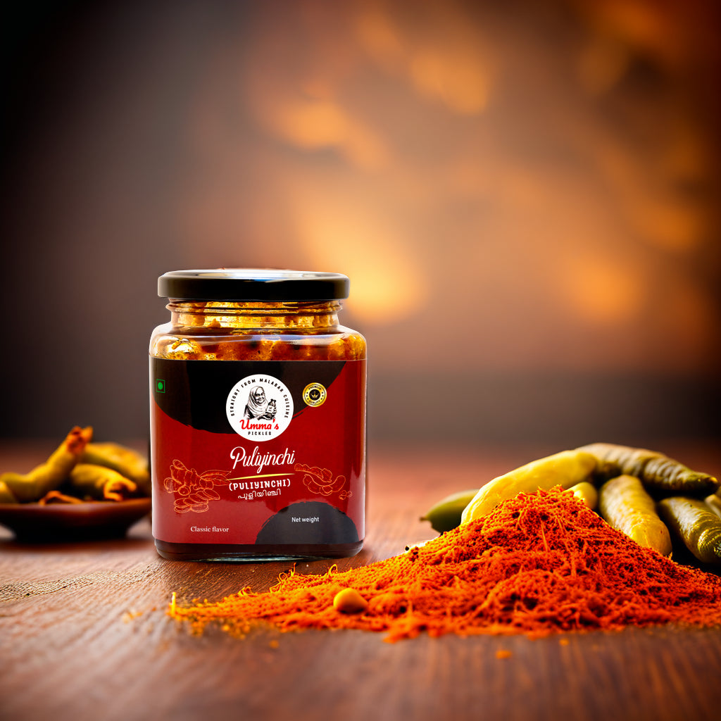 Jar of Puliyinchi spice on a wooden surface with spices around