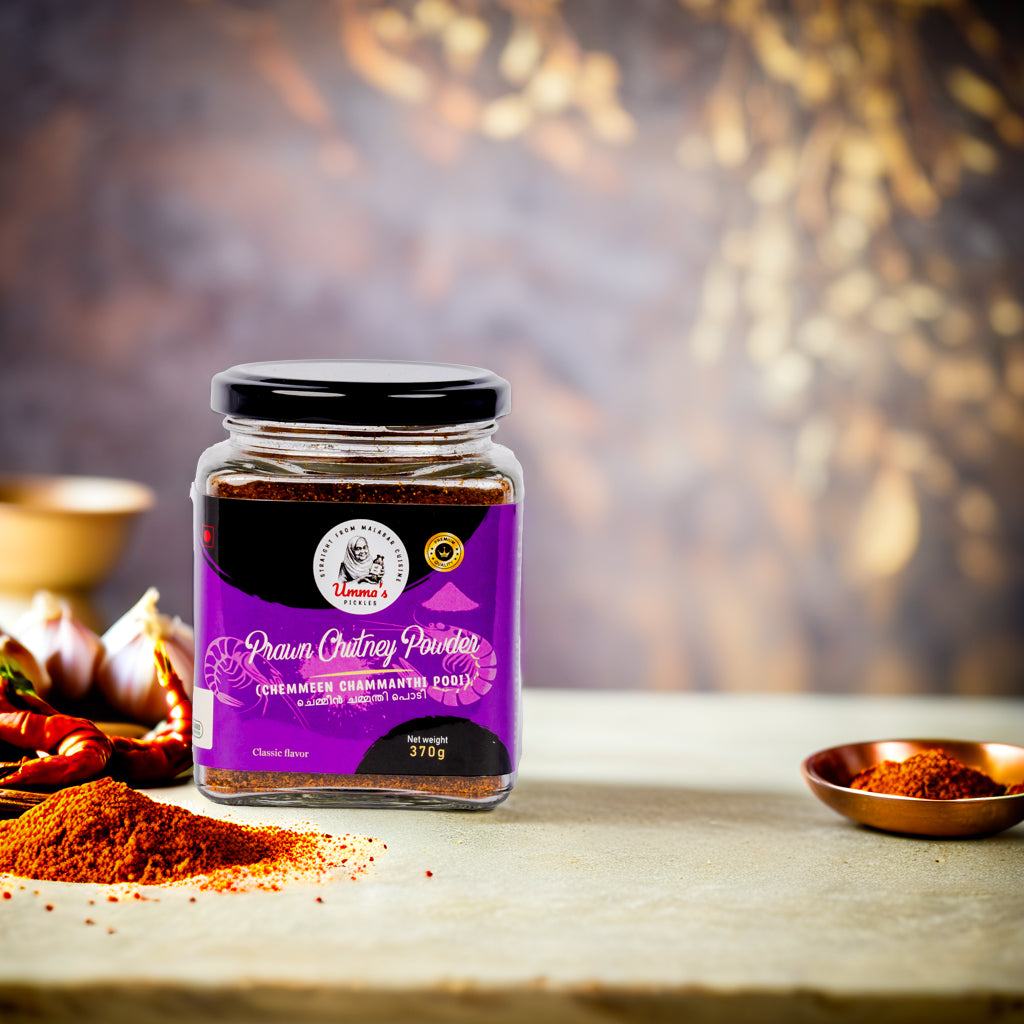 Jar of Prawn Chatney Powder with a purple label on a wooden surface.