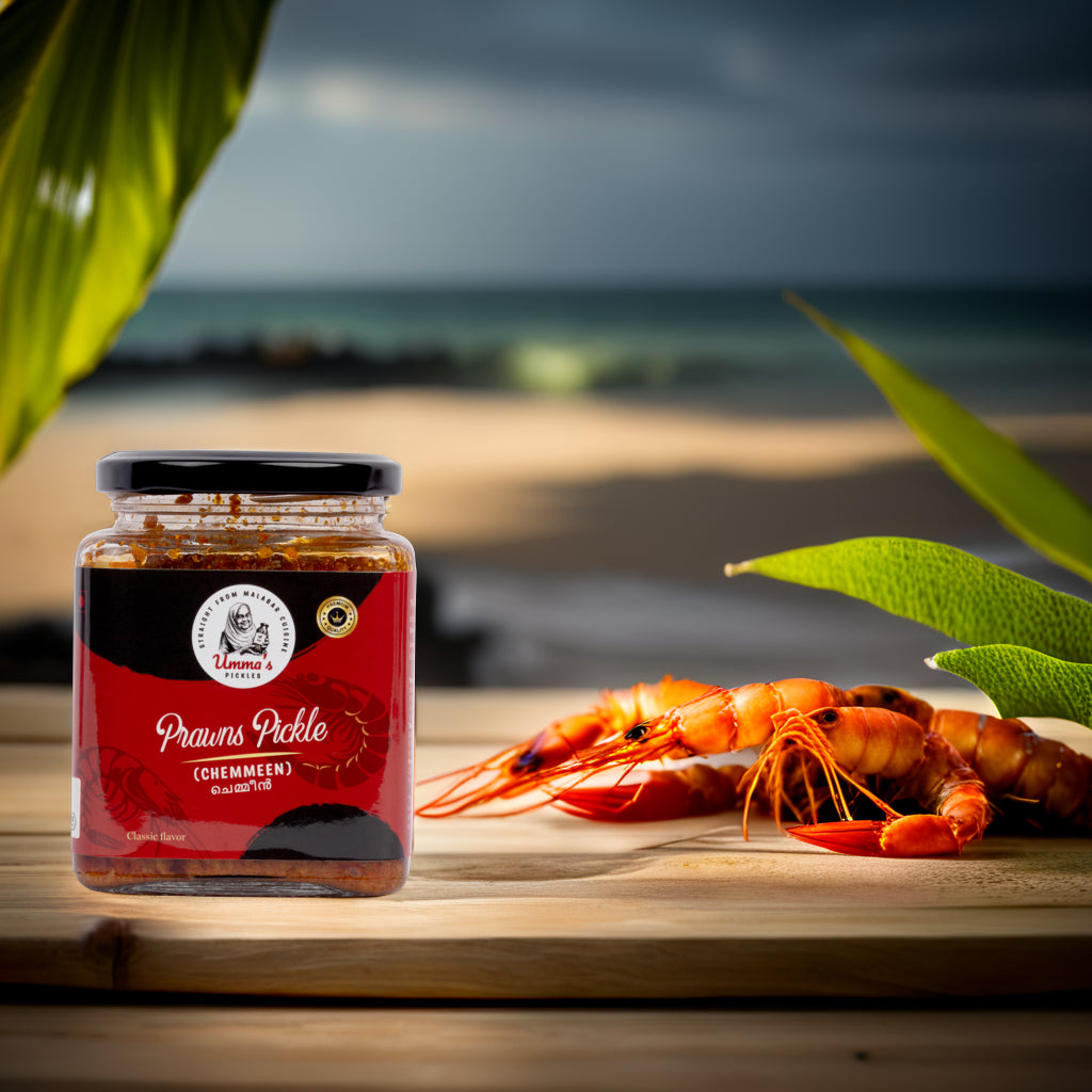 Jar of prawn pickle with prawns on a wooden board by a beach.