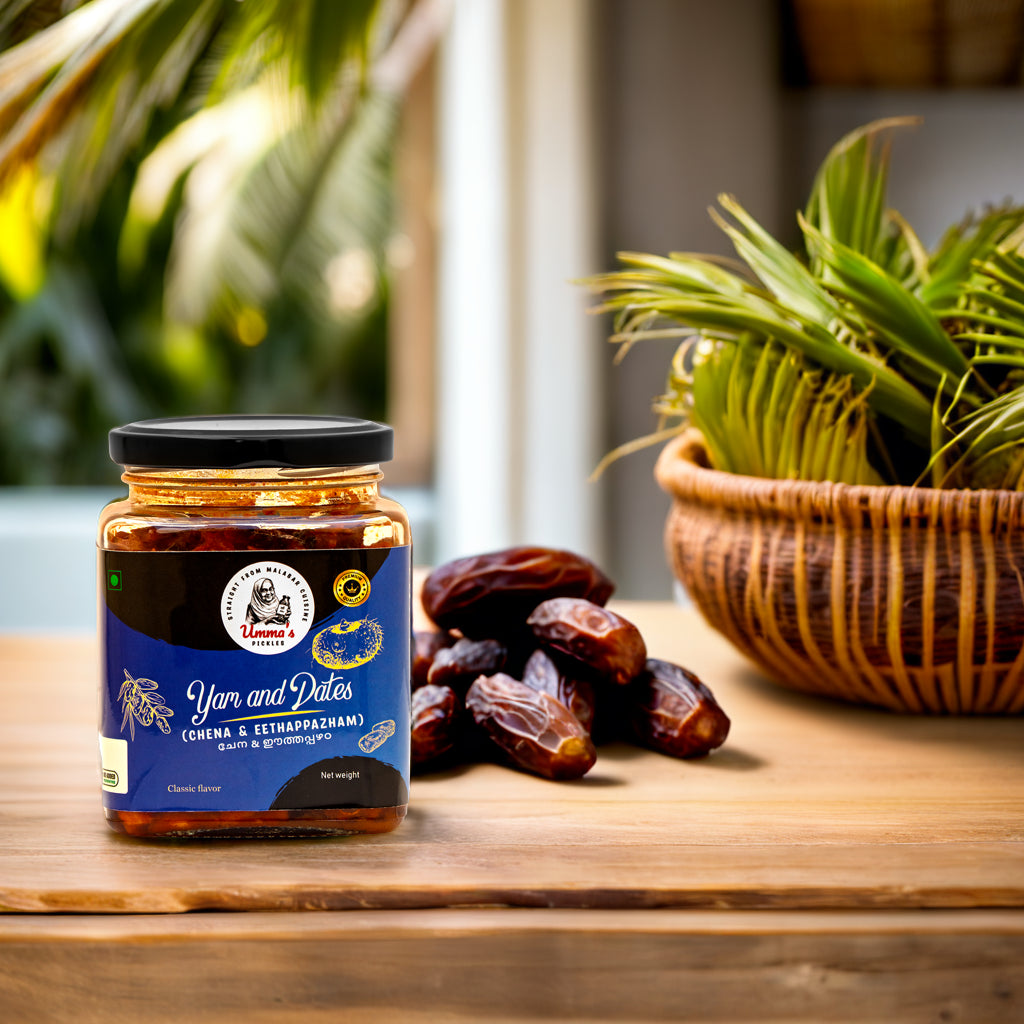 Jar of Yam and Dates on a wooden surface with dates and a plant in the background